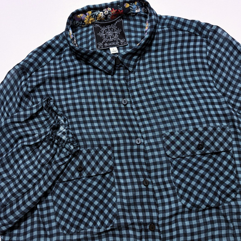 Johnny Was Top Button Up Shirt Gingham Check Flap Pockets 3/4 Sleeve Women Small